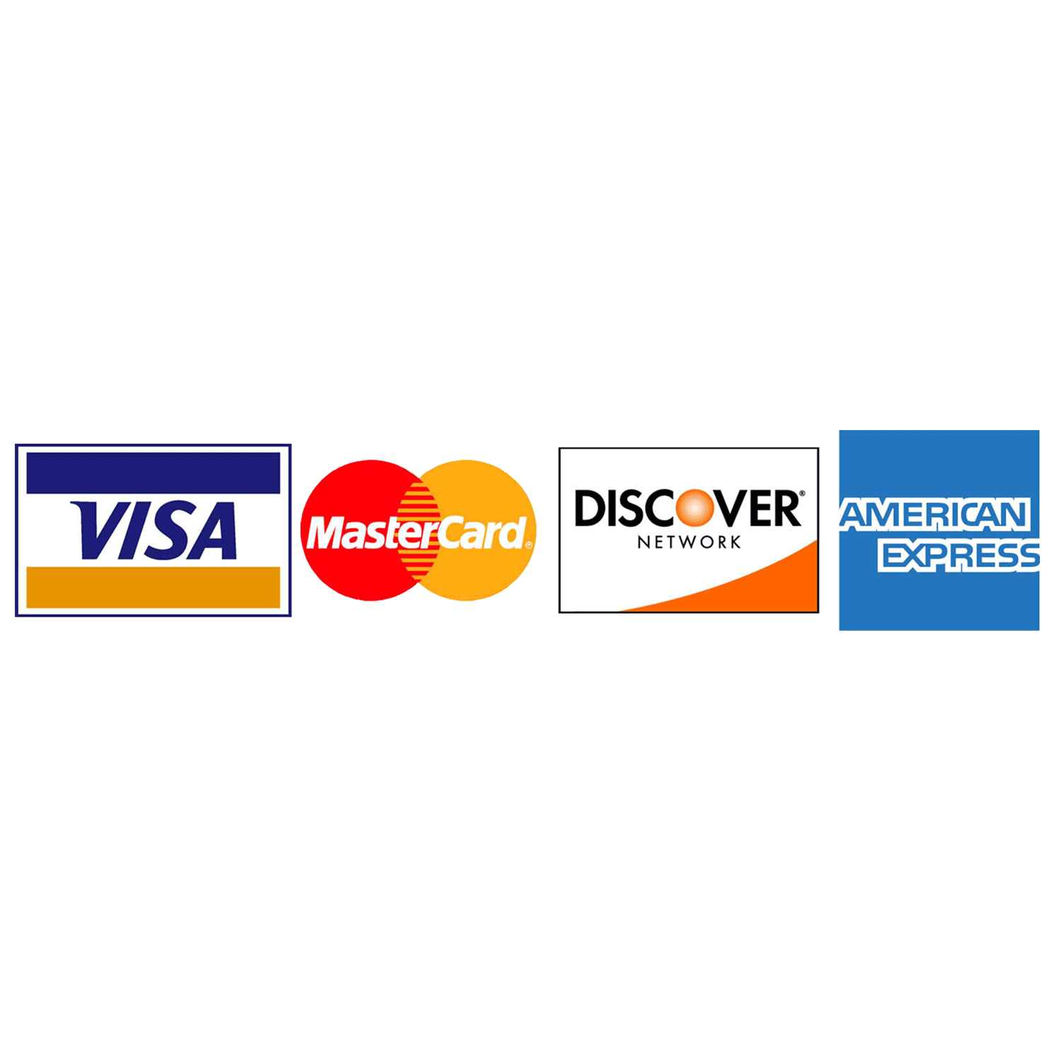 Logos of Visa, Mastercard, Discover, and American Express