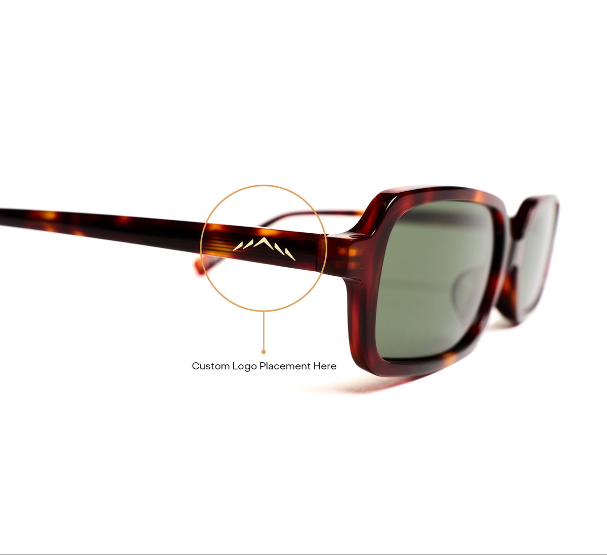 Rectangular sunglasses with a tortoiseshell frame and green-tinted lenses, shown on a white background with an orange callout circle highlighting the temple area and text reading 'Custom Logo Placement Here'.