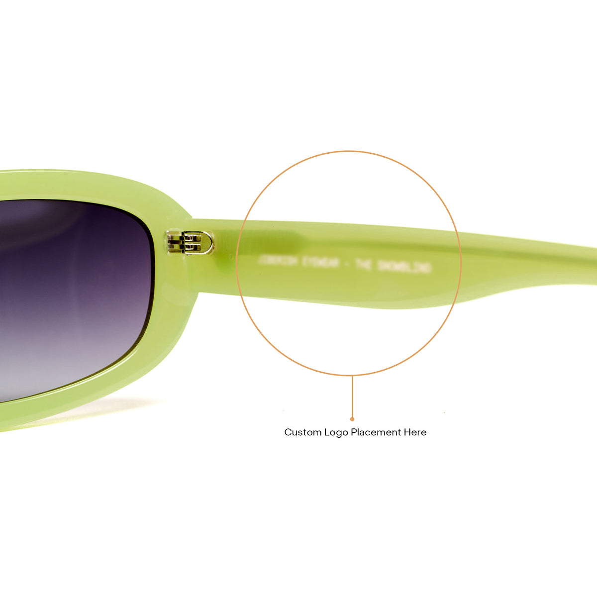 Close-up of the side of a lime green sunglasses frame with dark gradient lenses and a highlighted area on the temple showing custom logo placement text.